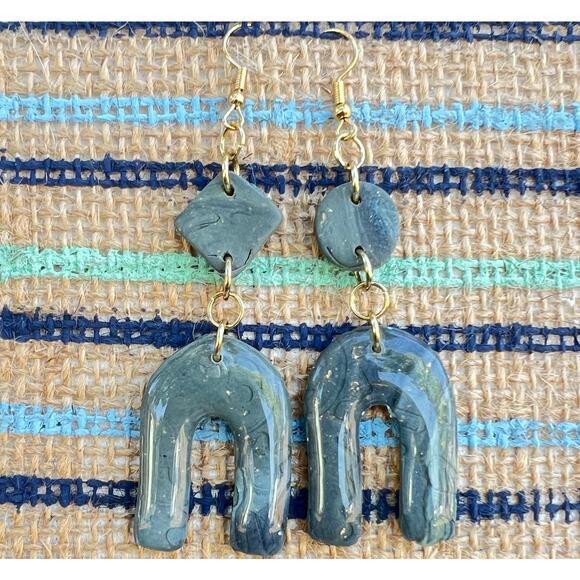 Artisan Stone Clay Arches Dangle Earrings – Handmade – 3" Long - Picture 2 of 4